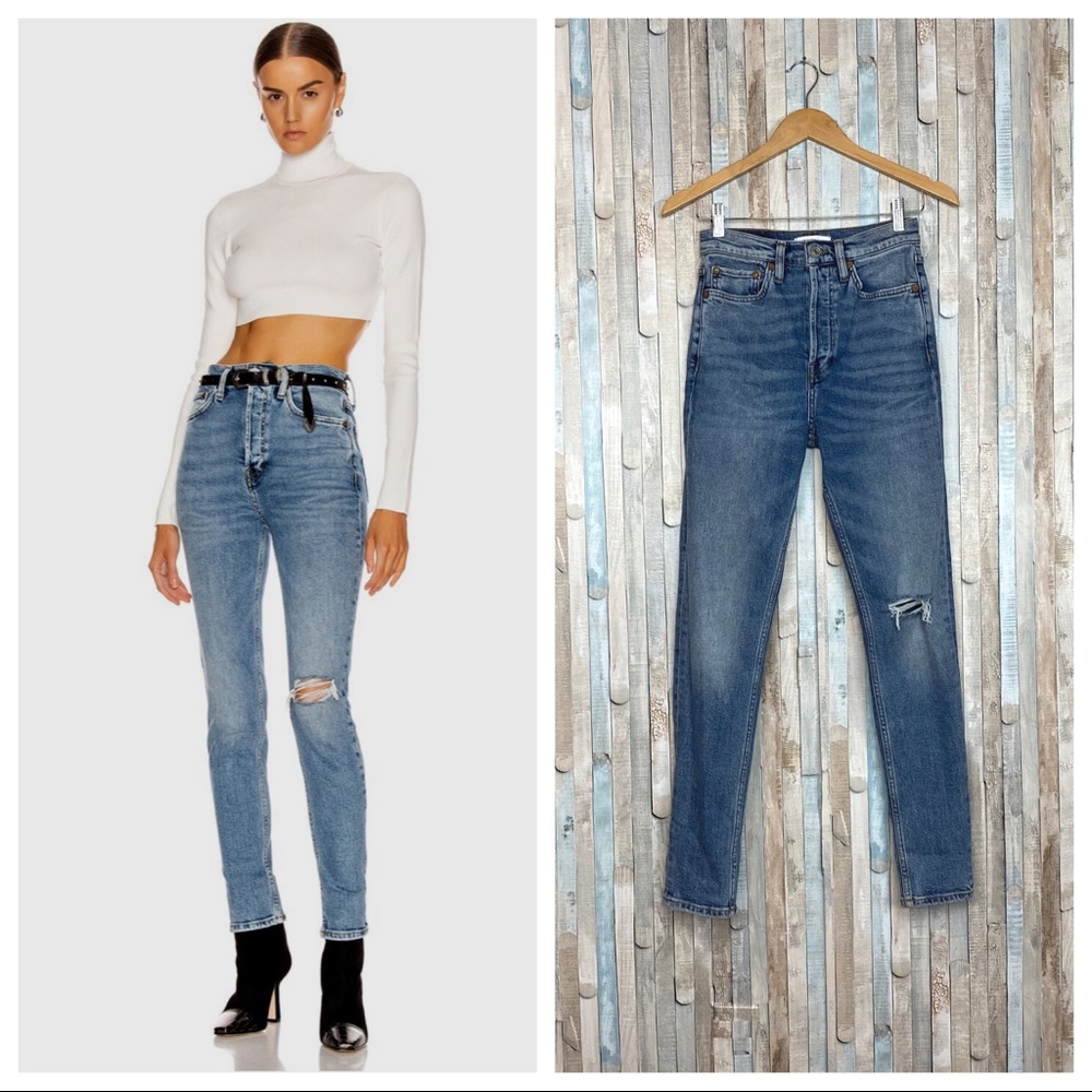 Re/Done 25 Ultra High Rise Waist Distressed Skinny Jeans Worn Retro Stone Blue